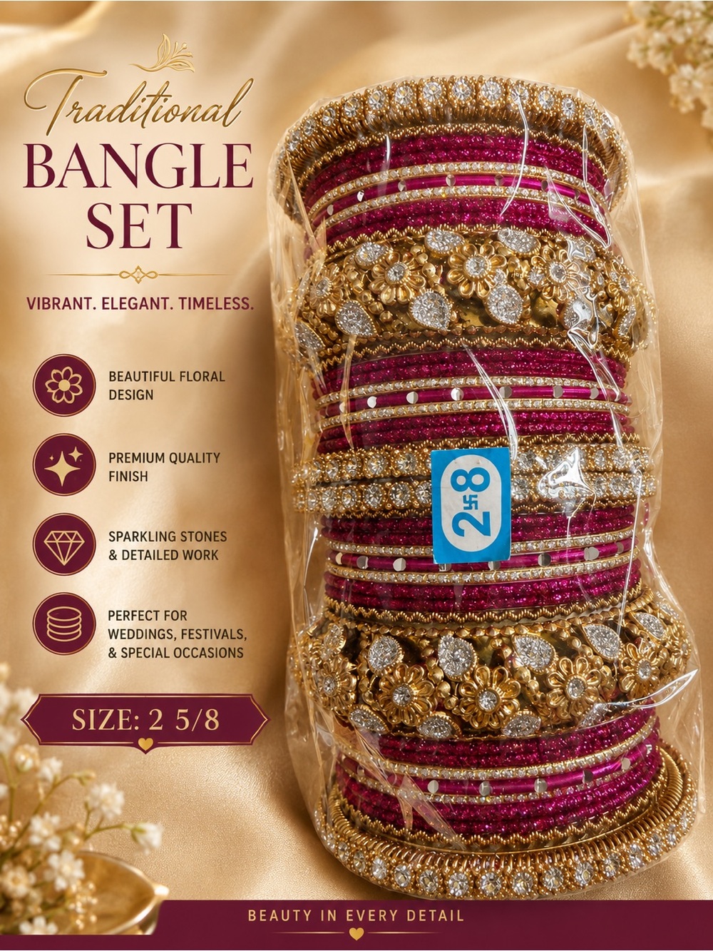 Traditional Women’s Bangle Set - Gold & Magenta